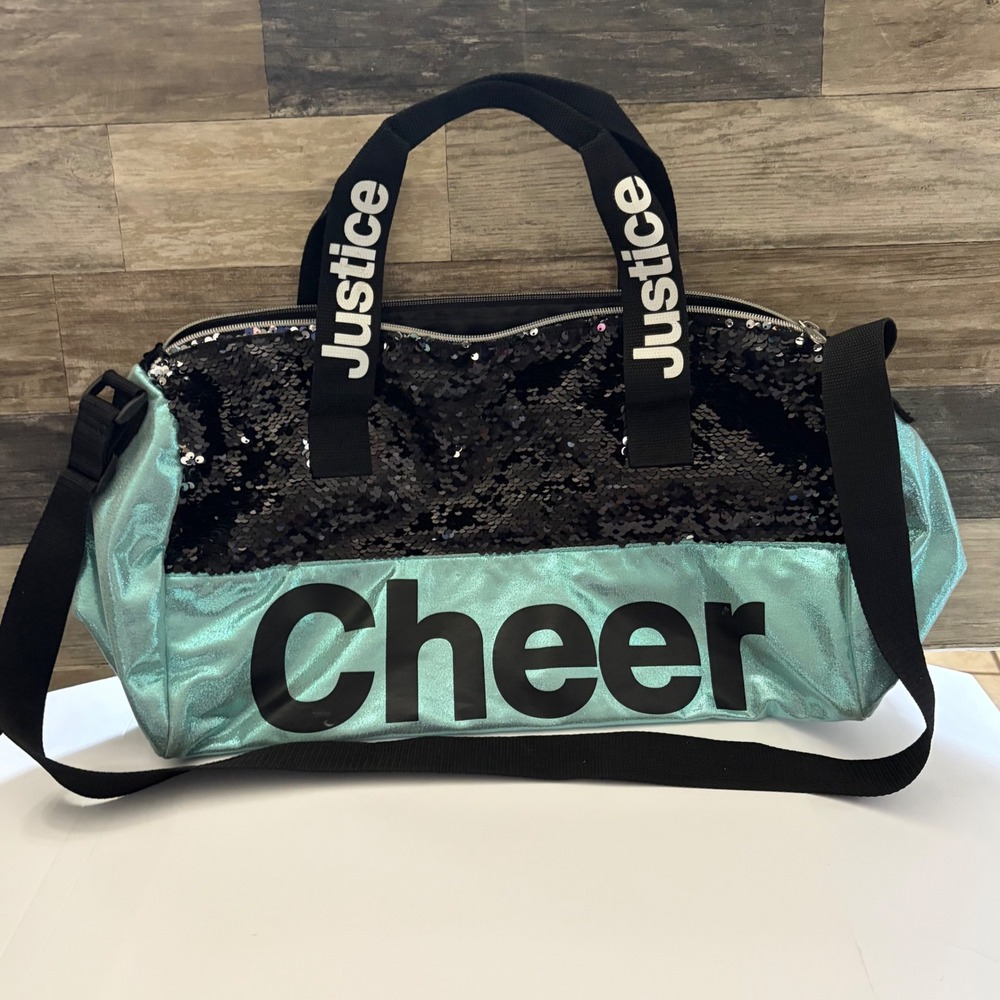 Justice Cheer Duffel Bag Black Flip Sequin Metallic Teal Girls Travel Gym Tote
